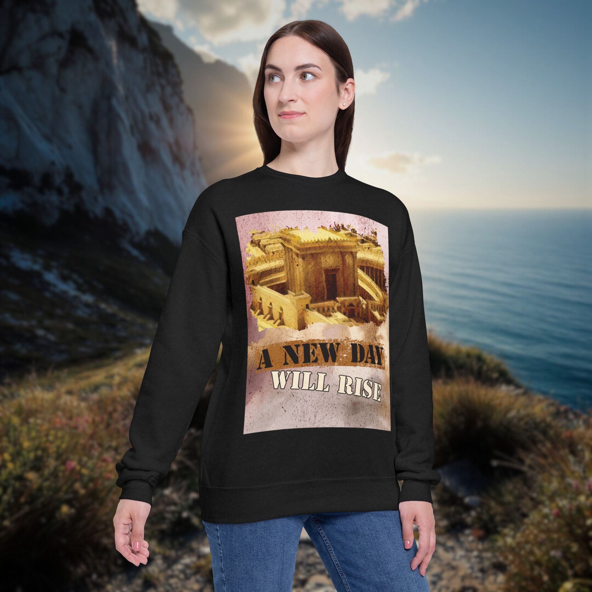 Unisex Drop Shoulder Sweatshirt, Cozy Graphic Sweatshirt, Temple Art 