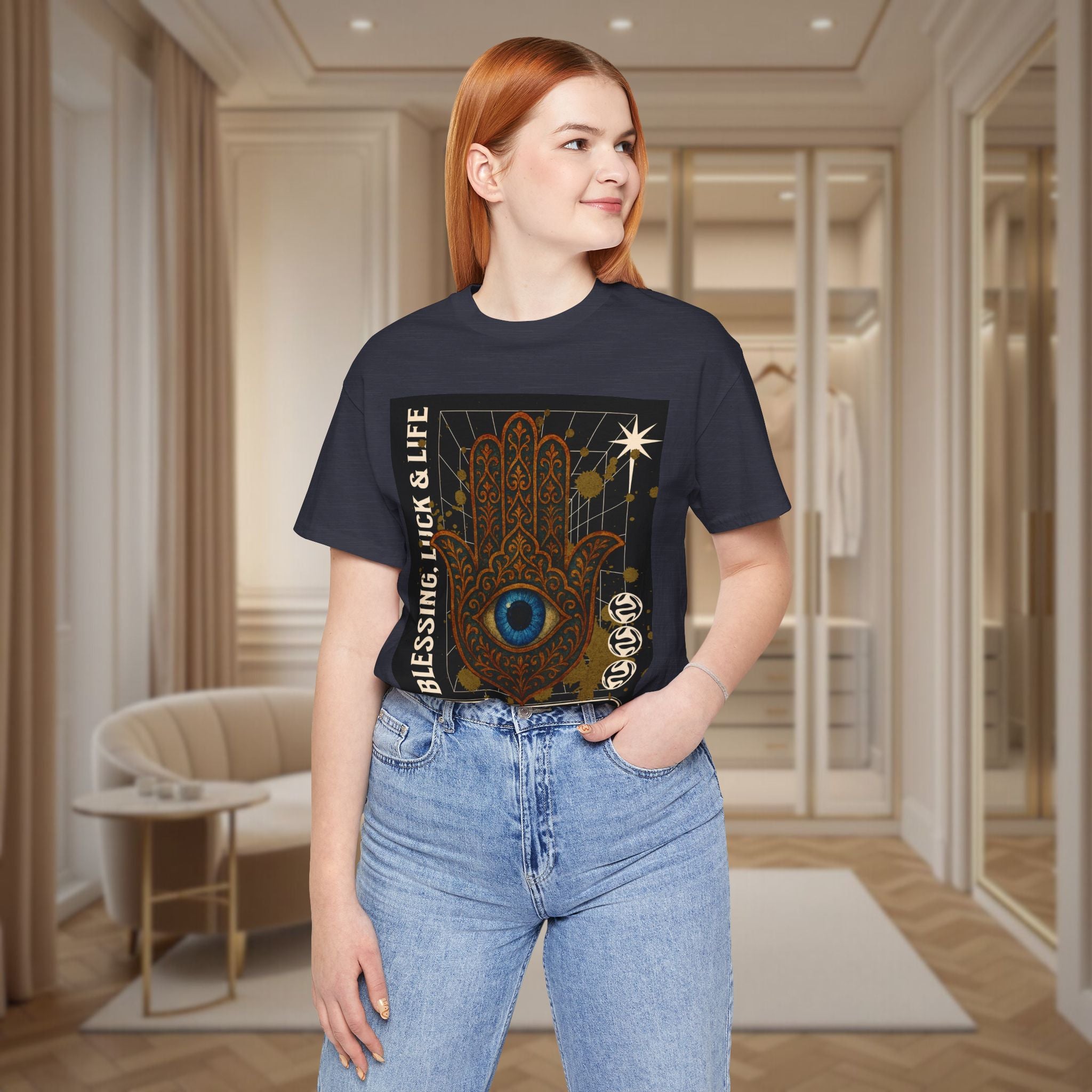 Unisex Graphic T-shirt, Jewish T-shirt with Hamsa Design and Blessings
