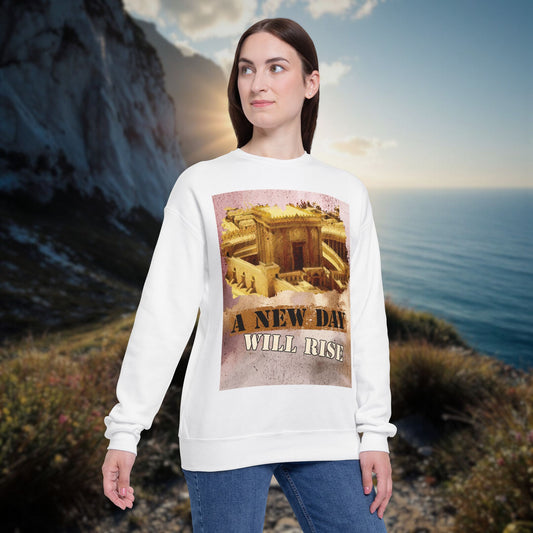 Unisex Drop Shoulder Sweatshirt, Cozy Graphic Sweatshirt, Temple Art "A New Day Will Rise"